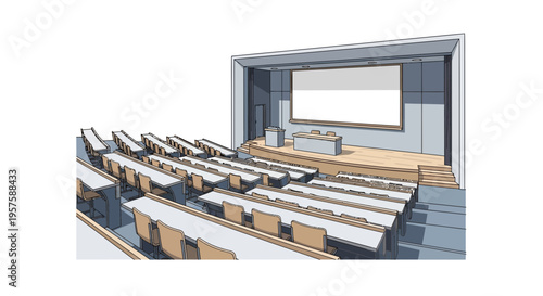 Modern Auditorium Classroom with Stage and Blank Screen for Presentation