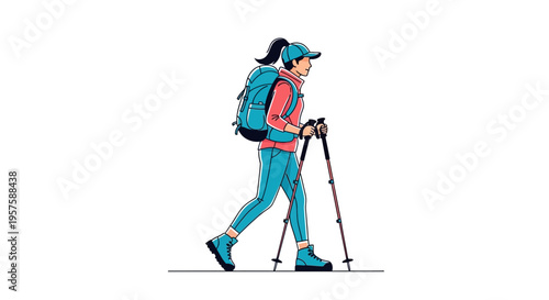 Woman hiker with backpack and trekking poles walking isolated on white background
