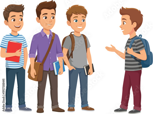 Group of four male students, friends with backpacks and books, standing and talking together on a plain white background