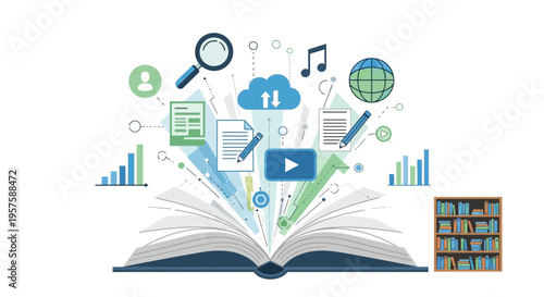 Open Book with Exploding Data, Analytics, Cloud and Media Icons