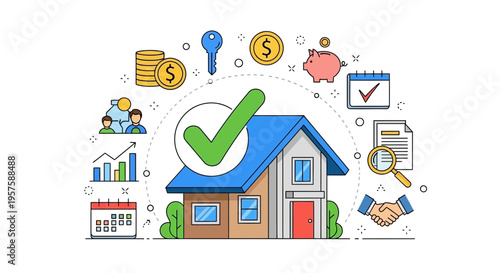 Real Estate Investment Success: House, Checkmark, Money, Key, Calendar, Graph, Piggy Bank