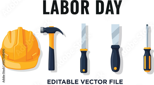 Labor day construction tools and hard hat for workers and contractors  essential equipment