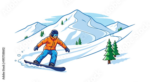 Snowboarder riding down snowy mountain slope with pine trees, winter sports illustration