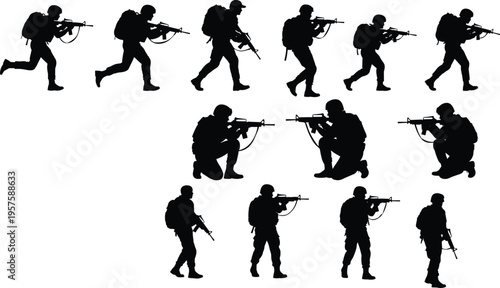 Military soldier silhouette set isolated on white background, army tactical infantry collection, special forces warfighter vector illustration for defense design