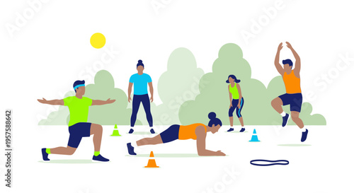 Diverse people exercising outdoors in park, fitness class, healthy lifestyle, flat design