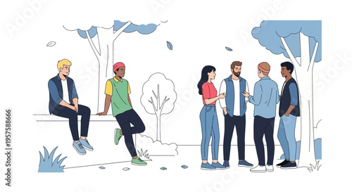 Diverse group of young adults socializing in a park, illustration style