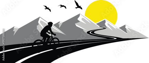Man riding bicycle on road with mountains and sun in background  birds flying overhead
