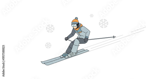 Skier descending a snowy slope with snowflakes falling, winter sport illustration