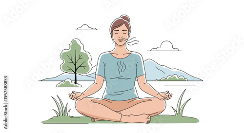 Woman Meditating Outdoors, Serene Nature Scene, Mindfulness and Relaxation