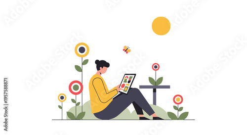 Woman using tablet in a sunny garden with flowers and butterfly, flat illustration