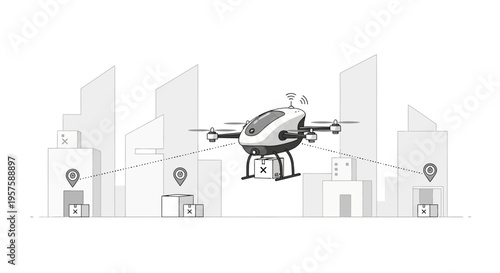 Drone delivery in futuristic city, autonomous package transport, modern logistics innovation