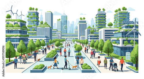 Eco-friendly city landscape with green buildings, people walking, and wind turbines