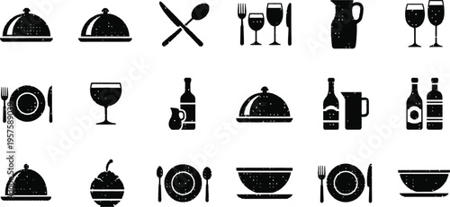 Collection of restaurant and dining icons including dishes wine glasses utensils and food service elements