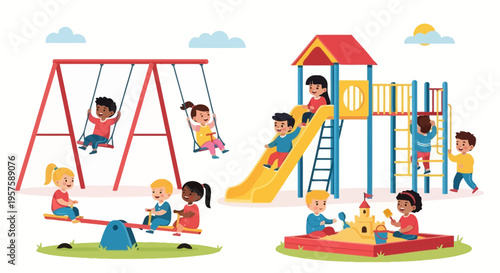 Diverse children playing happily on playground equipment, swings, slide, sandbox