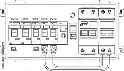 Electrical control panel with labeled switches, circuit breakers, and connectors, vector illustration for distribution and industrial engineering