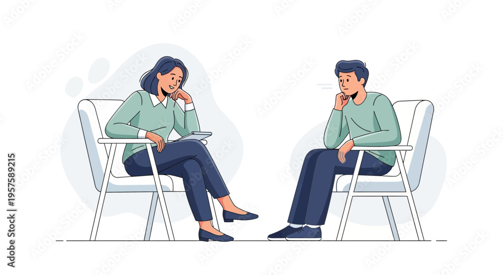 Fototapeta premium Therapy Session: Woman Counselor and Man Patient Talking in Office