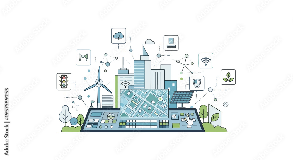Obraz premium Smart City Technology Network with Icons, Buildings, Wind Turbine, Map Interface