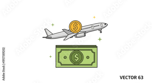 Airplane Flight Cost Savings: Jet with Coin and Dollar Bill Illustration