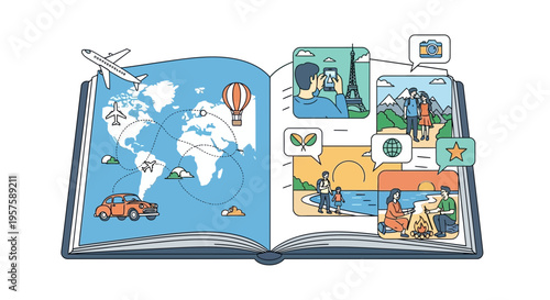 Open book with world map and travel memories collage, vector illustration