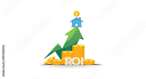 Real Estate Investment Growth: ROI, House, Money, Upward Arrow Graph, Coins