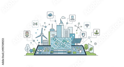 Smart City Technology Network with Icons, Buildings, Wind Turbine, Map Interface