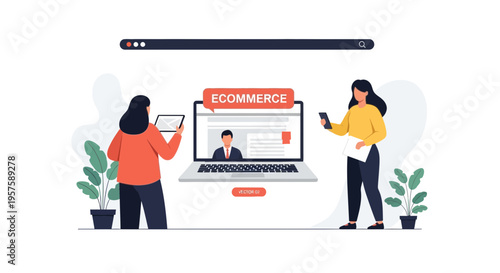 Online Shopping E-commerce Business Concept with People using Devices