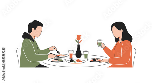 Couple enjoying dinner at restaurant table, romantic date night, food and drinks illustration