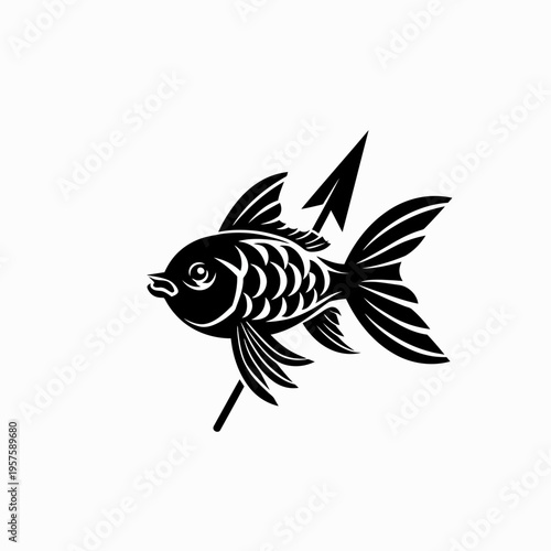 Stylized fish with spear black and white illustration suitable for design