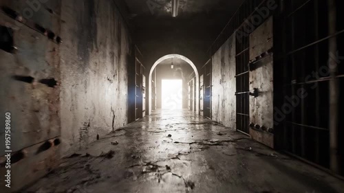 Dark prison corridor with cells and light at the end of the tunnel