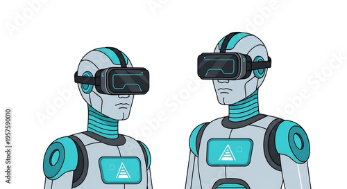 Two robots using virtual reality headsets interacting in a digital environment.