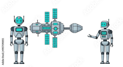 Two robots working together with a space station module representing cooperation and advanced technology.
