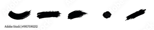 Set of five black hand-drawn paint brush strokes and ink blots with grunge texture on white background. Ideal for creative graphic design projects.