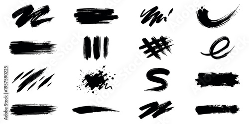 A set of expressive black ink brush strokes and grunge paint textures, featuring splatters, smears, and hand-drawn lines on a white background.