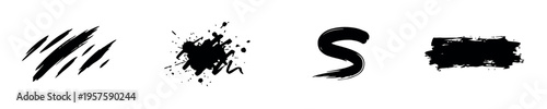 Set of artistic black ink brush strokes and splatters on a white background. Features scratch marks, paint blots, and textured swipes for design.