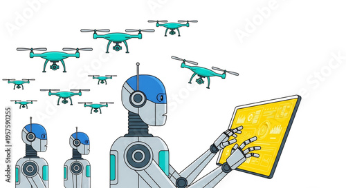 Multiple drones flying together controlled by a central robot system.