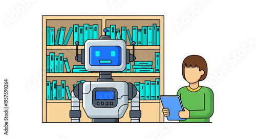 Robot assisting a person in a library or workspace with digital tools.
