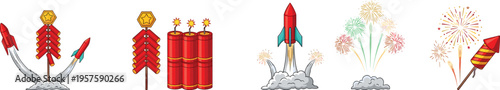 Fireworks and rockets in launch and explosion stages, colorful vector celebration illustration for festivals, parties, and holiday events