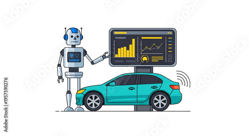 Robot diagnosing an electric car using digital interface tools.