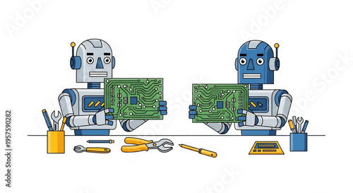 Robots assembling circuit boards in an electronics manufacturing process.