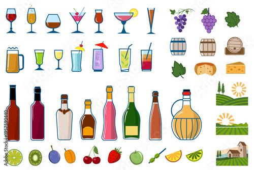 Wine icons set. Colorful icon images of alcohol bottles, glasses, barrels, food. Vector illustration.