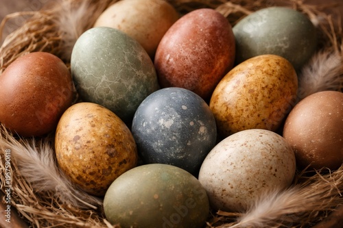 Variety of naturally colored chicken eggs displaying warm, earthy tones and speckles, arranged in a woven nest with delicate feathers, symbolizing Easter, spring, and organic goodness