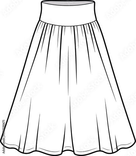 Flared gathered midi skirt with wide waistband fashion flat sketch, technical vector drawing for garment design, sewing pattern illustration