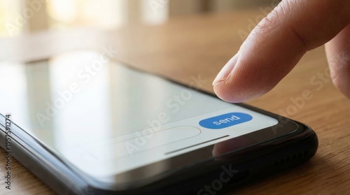 Finger pressing send button on smartphone messaging app on wooden table, mobile communication concept, instant messaging, social media, digital connection.