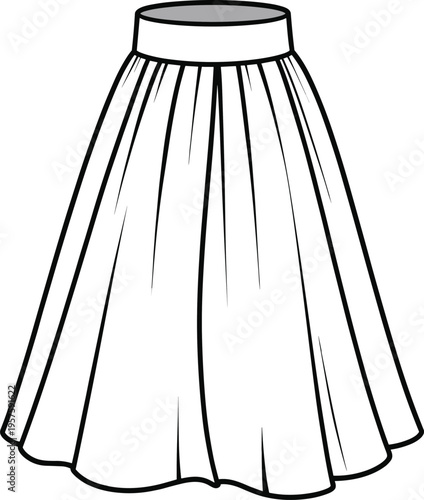 Flared midi skirt fashion flat sketch, technical vector drawing for garment design, pleated waistband skirt CAD illustration front view