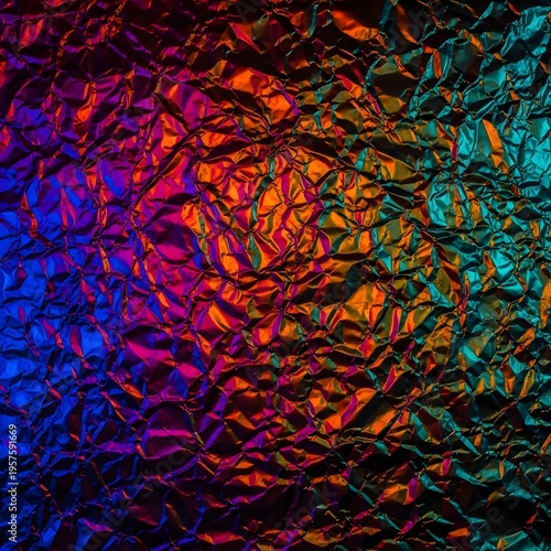 Abstract Crumpled Foil Texture with Vibrant Neon Lighting