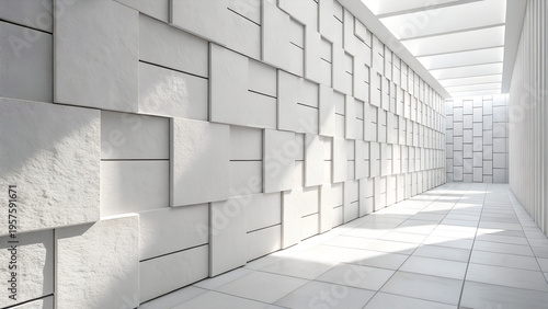 Minimal white interior wall with layered rectangular panels and soft shadows ideal for clean backgrounds, architectural design and modern space visuals
