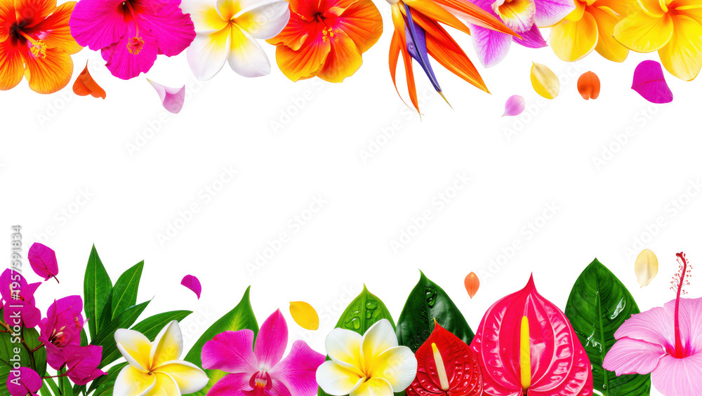 Fototapeta premium Colorful tropical flower border with leaves and petals isolated on white transparent background