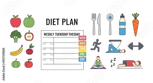 Healthy Lifestyle Diet Plan with Fruits, Vegetables, Exercise, and Water Bottle