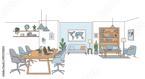 Modern Office Space with Meeting Area and Lounge - Line Art Illustration