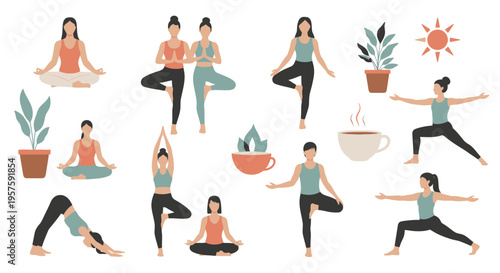 Diverse People Doing Yoga Poses and Meditating with Plants and Coffee